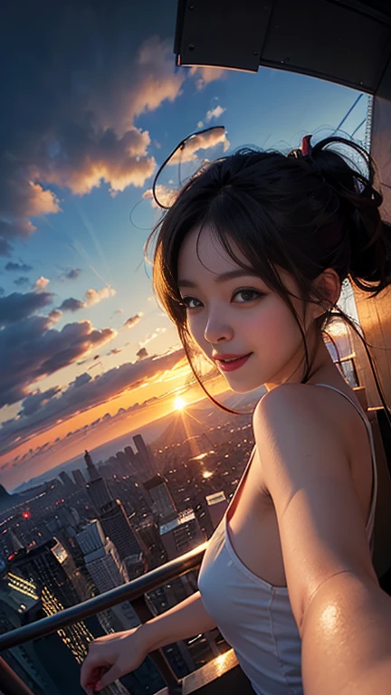One girl, Korean, Fisheye Lens, Selfie, Wind, Messy Hair, sunset, Cityscape, (Aesthetics and atmosphere:1.2),smile