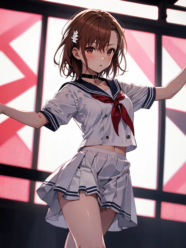 android, beautiful robot, short pigtails, brown hair, Hair tie with two big red clothespins, big smile, brown hair, middle age, joint seam, blue eyes, full body figure, Height: 160cm, Light beige micro mini dress, fluttering skirt, skirt folds, white retro swimwear, Uplifting, 2020s anime style, 21thcentury japan animation, show White pantie