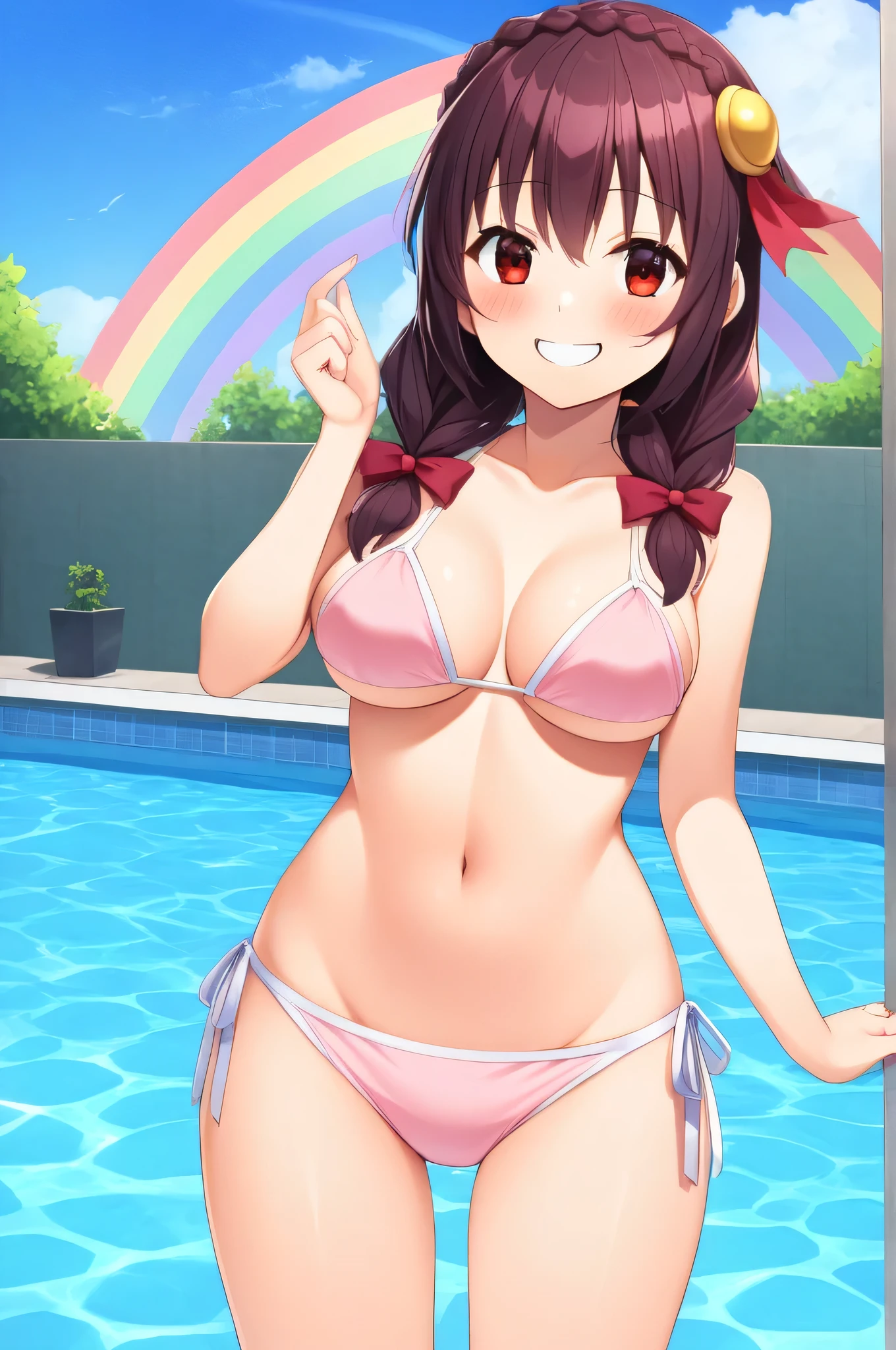 alone, One girl、Crown braids in the same color as your hair, hair ornaments, Hair Ribbon, (White and pink bikini),Red Eyes、Black Hair、(Sulky face:1.2)、(blush:1.2)、C cup breasts、Pool