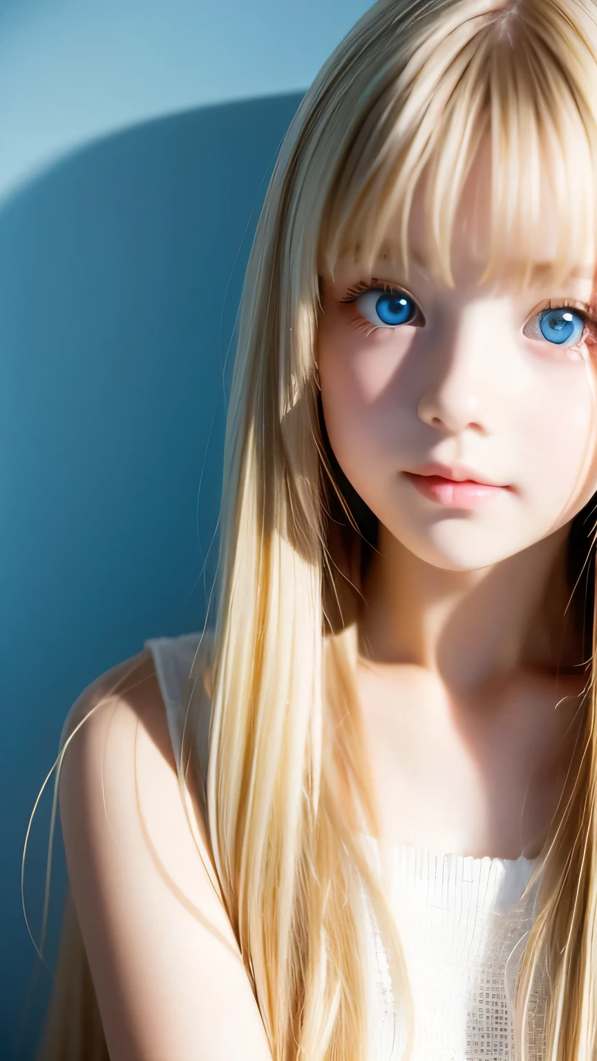 The Shining, clear, White skin、Her windswept golden hair hides her beautiful face、16 years old、Cute sexy little beautiful face、Beautiful straight hair that stands out、growing up, Sparkling, very bright, light blue eyes、Long, silky bangs that cover cute eyes, Sexy and cute young woman with super long hair hiding her sexy face、The Shining blonde hair