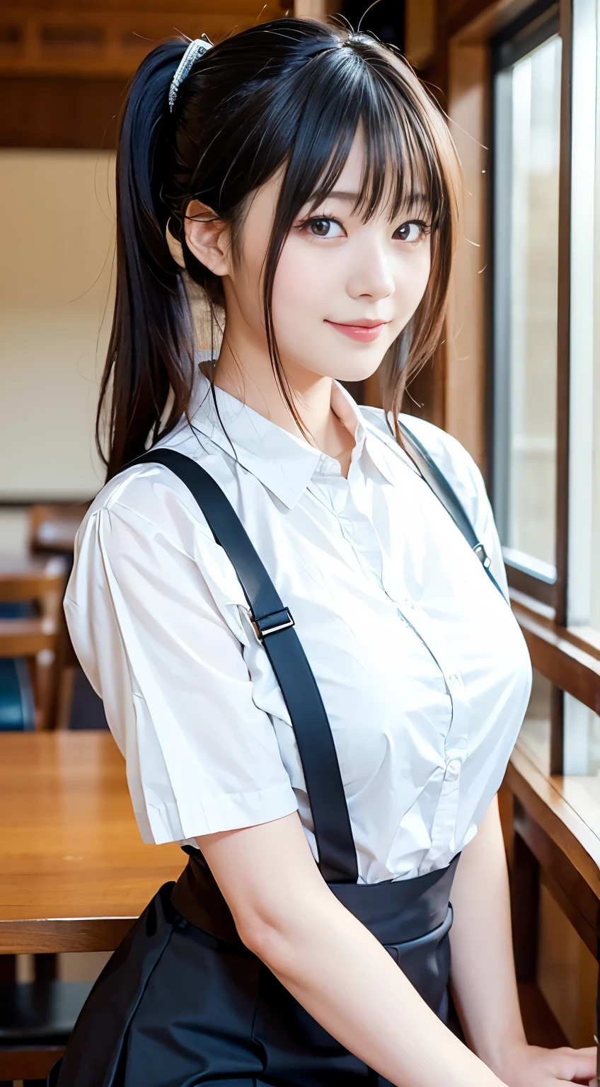 (Highest quality,masterpiece:1.3,Ultra-high resolution,),(Very detailed,Caustics),(Realistic:1.4,RAW shooting,)Ultra-Realistic Capture,Very detailed,High resolution 16K human skin closeup。 Natural skin texture、,pores、、、、It must be detailed enough to be easily identifiable。 Skin tone is even and healthy looking。 Use natural light and colour,restaurant,Waitress Uniform,1 girl,Japanese,18-year-old,cute,Black-haired,ponytail,Big Breasts,smile,Turn your body forward,(Front view:1.1),Looking into the camera,Cowboy Shot,