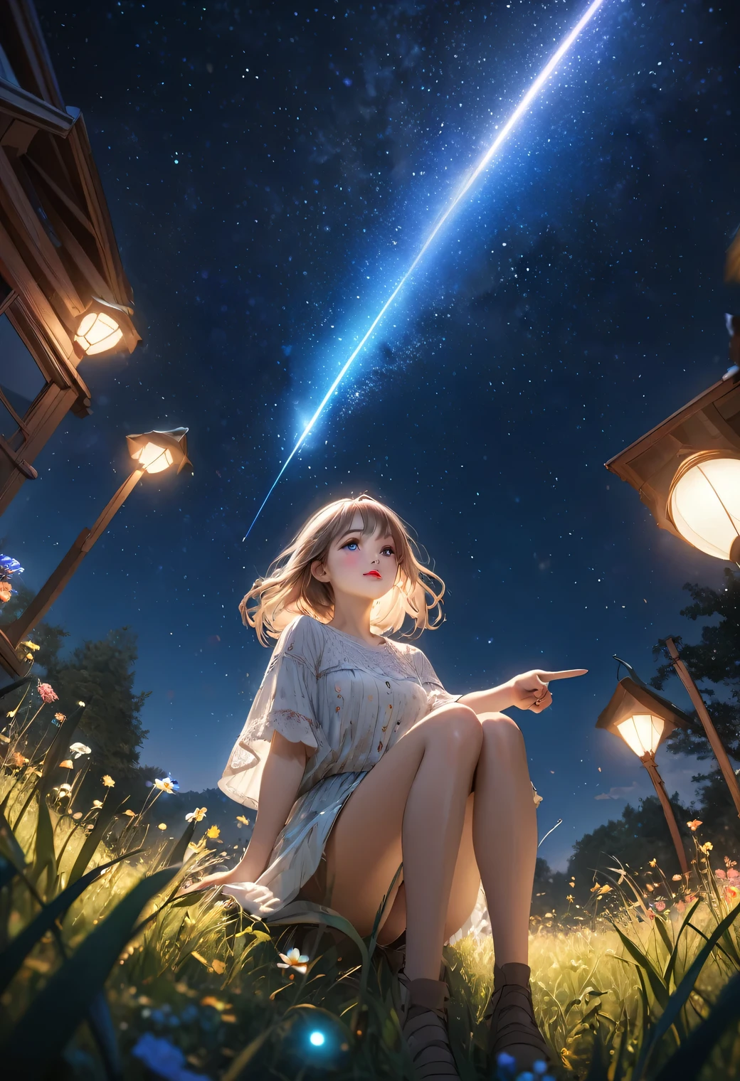 1girl, sitting in meadow, beautiful detailed eyes, beautiful detailed lips, extremely detailed eyes and face, long eyelashes, cute girl, night sky, looking up and pointing at shooting star, having fun, meadow, starry night sky, from below, best quality, 4k, 8k, highres, masterpiece:1.2, ultra-detailed, realistic, photorealistic, photo-realistic:1.37, HDR, UHD, studio lighting, ultra-fine painting, sharp focus, physically-based rendering, extreme detail description, professional, vivid colors, bokeh, landscape, fantasy, magical, glowing, from below ground level shot, side view