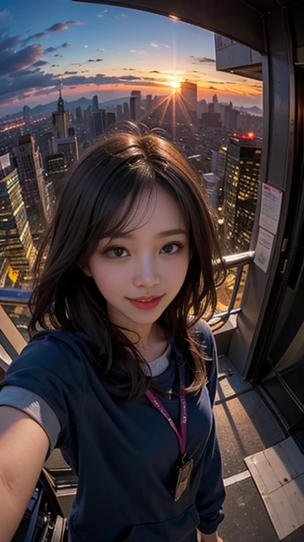 One girl, Korean, Fisheye Lens, Selfie, Wind, Messy Hair, sunset, Cityscape, (Aesthetics and atmosphere:1.2),smile