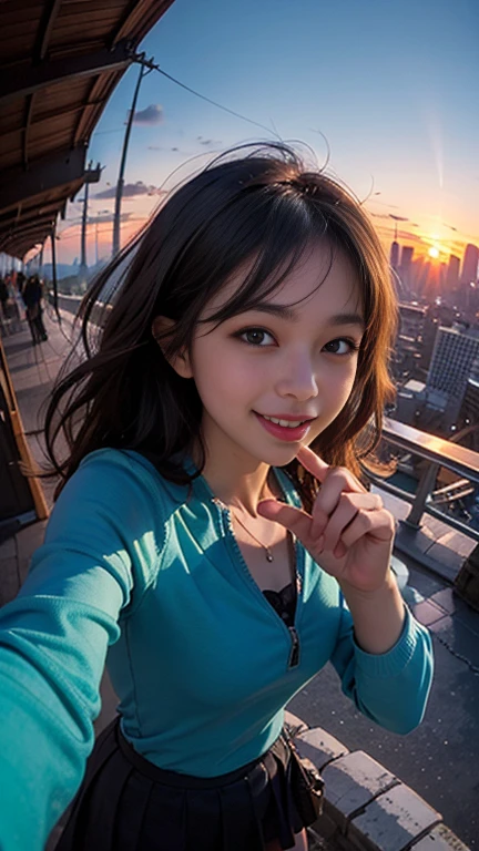 One girl, Korean, Fisheye Lens, Selfie, Wind, Messy Hair, sunset, Cityscape, (Aesthetics and atmosphere:1.2),smile