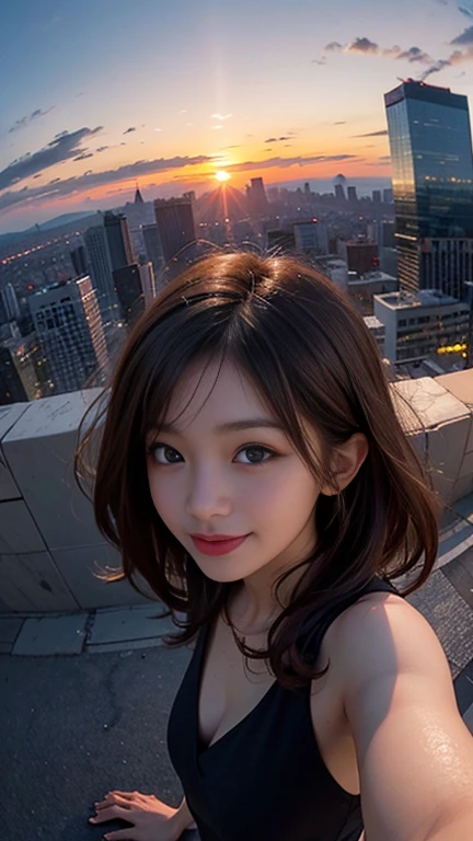 One girl, Korean, Fisheye Lens, Selfie, Wind, Messy Hair, sunset, Cityscape, (Aesthetics and atmosphere:1.2),smile