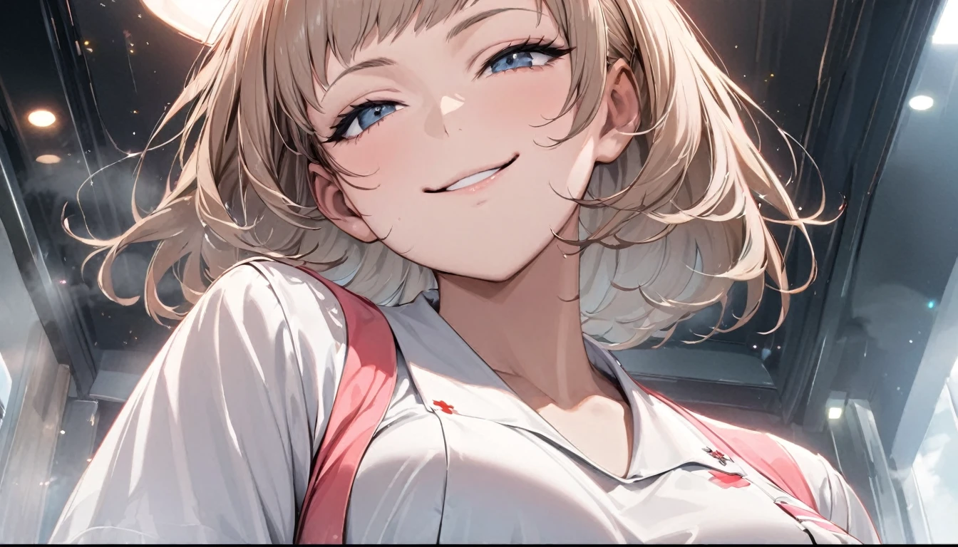 From below, Portraiture, Kind and beautiful nurse, Cool face, A shy smile, Superb proportions, She is wearing a loose cardigan over her nurse uniform., Glitter effect, fog effect、smug face、