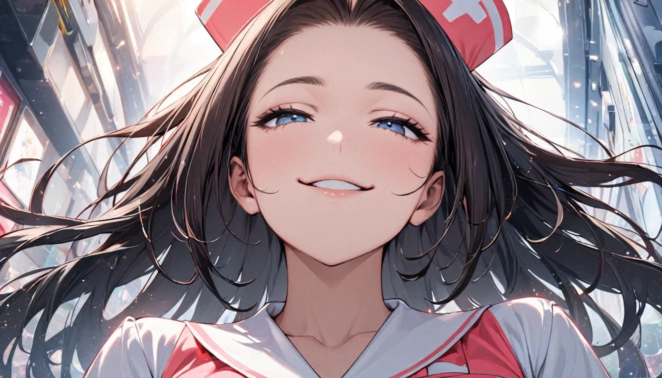 From below, Portraiture, Kind and beautiful nurse, Cool face, A shy smile, Superb proportions, She is wearing a loose cardigan over her nurse uniform., Glitter effect, fog effect、smug face、