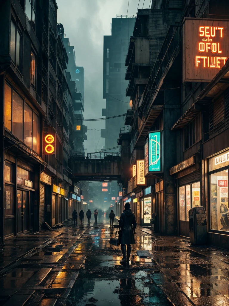 A highly detailed and realistic image of a cyberpunk-inspired environment where a lone figure stands at the edge of a worn platform, gazing at a sprawling, futuristic street in an older, gritty neighborhood. The scene is set in a dimly lit urban space, with weathered buildings that have a retro-futuristic design—modern yet not overly advanced, reflecting a sense of history. Cables dangle haphazardly from the walls, and puddles of rainwater collect on the uneven pavement, creating a reflective sheen. The ground is littered with debris, giving a sense of neglect and realism. Shops with flickering signs line the street, and a couple of dilapidated cars are parked nearby, hinting at a life once bustling. Neon lights glow softly, providing a moody atmosphere without overwhelming the scene. The environment feels alive yet abandoned, evoking a sense of exploration and nostalgia in this high-tech, dystopian world.
