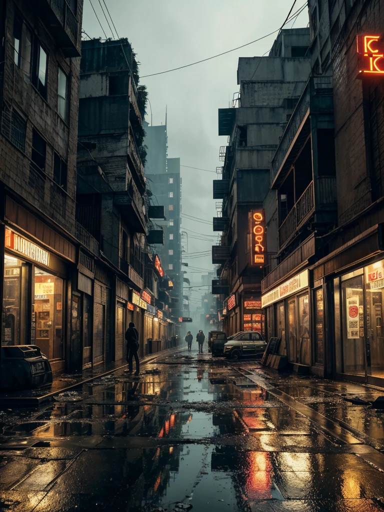A highly detailed and realistic image of a cyberpunk-inspired environment where a lone figure stands at the edge of a worn platform, gazing at a sprawling, futuristic street in an older, gritty neighborhood. The scene is set in a dimly lit urban space, with weathered buildings that have a retro-futuristic design—modern yet not overly advanced, reflecting a sense of history. Cables dangle haphazardly from the walls, and puddles of rainwater collect on the uneven pavement, creating a reflective sheen. The ground is littered with debris, giving a sense of neglect and realism. Shops with flickering signs line the street, and a couple of dilapidated cars are parked nearby, hinting at a life once bustling. Neon lights glow softly, providing a moody atmosphere without overwhelming the scene. The environment feels alive yet abandoned, evoking a sense of exploration and nostalgia in this high-tech, dystopian world.