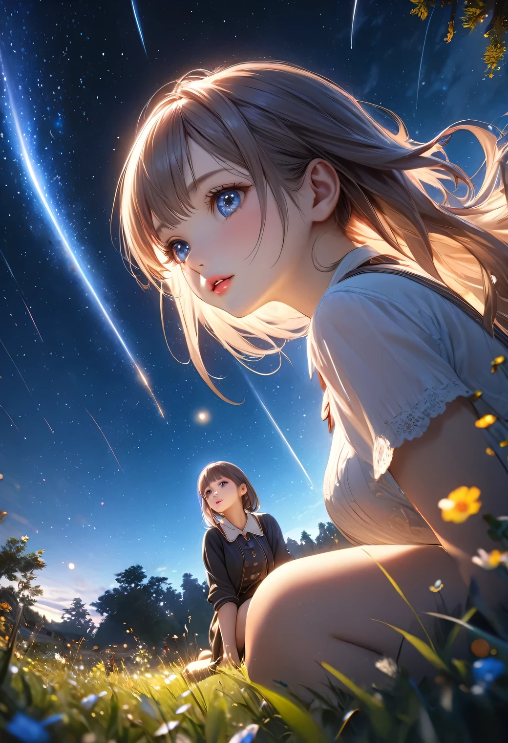1girl, sitting in meadow, wariza, beautiful detailed eyes, beautiful detailed lips, extremely detailed eyes and face, long eyelashes, cute girl, night sky, looking up at shooting star, having fun, meadow, starry night sky, from below, best quality, 4k, 8k, highres, masterpiece:1.2, ultra-detailed, realistic, photorealistic, photo-realistic:1.37, HDR, UHD, studio lighting, ultra-fine painting, sharp focus, physically-based rendering, extreme detail description, professional, vivid colors, bokeh, landscape, fantasy, magical, glowing, from below ground level shot, side view