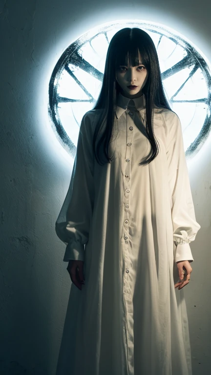 full body display、Horror images、Ghostly looking girl、20-year-old、her skin is pale、Translucent body、The eyes have a dark glow、mouth wide open、I like to scare people、Freddy from A Nightmare on Elm Street、Friday the 13th Jason、Has a demonic look、Wearing white clothes、 Symbol of Terror、Gothic elements、