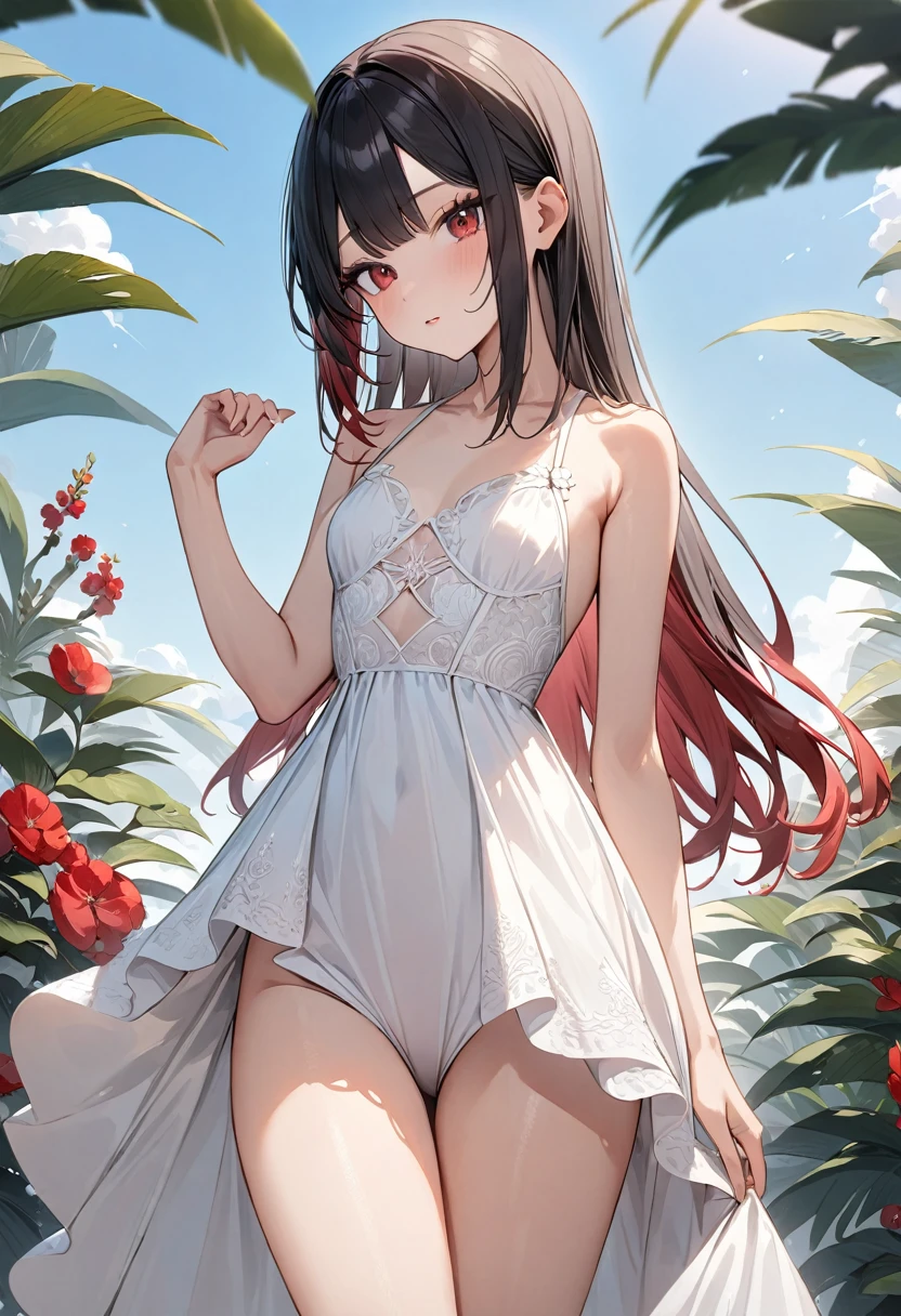 (masterpiece, top quality, very aesthetic, 4k、illustration), intricate detail, 1woman,、solo,contrapposto 、,(cowboy shot)、(),beautiful face、、clear face、straight hair、red to black gradient hair、,middle hair,sidelock ,red　eyes、white Summer Dresses、small breasts、Slim 、