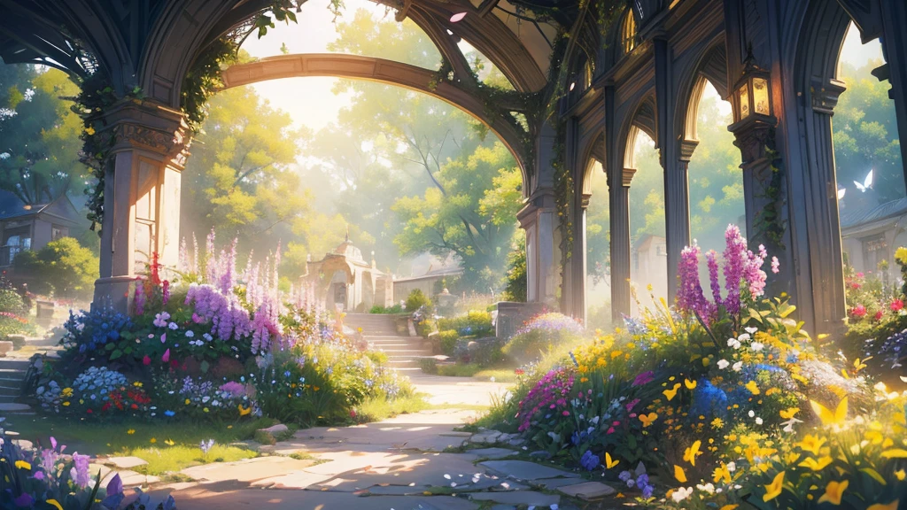 A beautiful lush garden, dried flowers, sunlit landscape, vibrant colors, butterflies, fragrant, detailed floral arrangements, intricate petals, mystical atmosphere, cinematic lighting, photorealistic, hyper-detailed, 8K, masterpiece