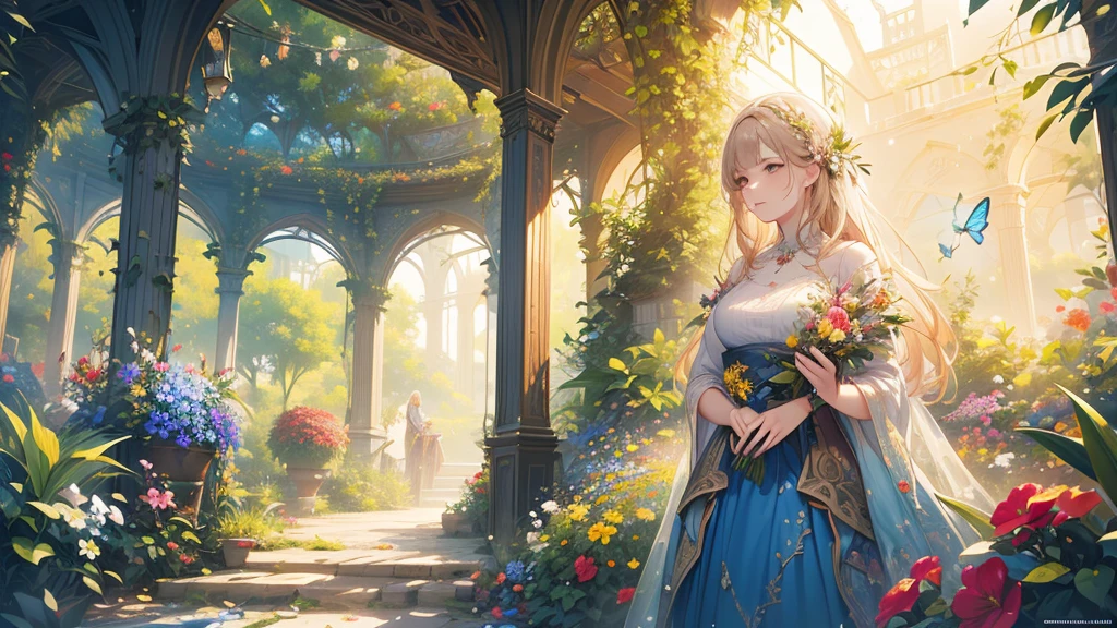 A beautiful lush garden, dried flowers, sunlit landscape, vibrant colors, butterflies, fragrant, detailed floral arrangements, intricate petals, mystical atmosphere, cinematic lighting, photorealistic, hyper-detailed, 8K, masterpiece