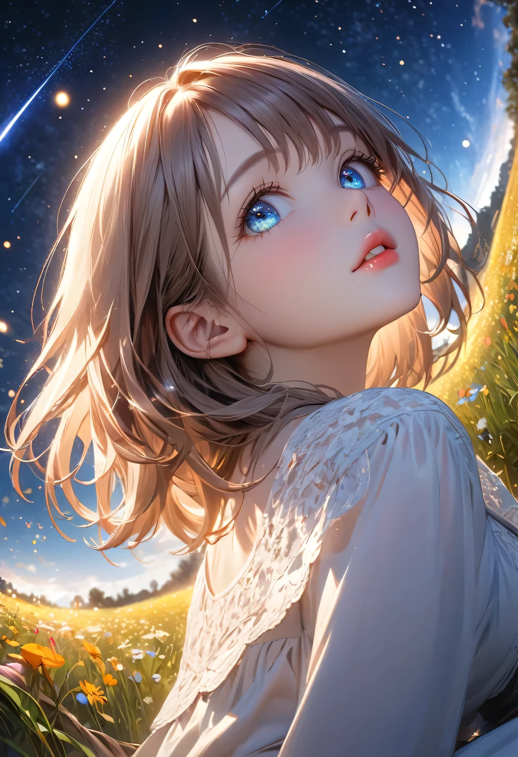 1girl, sitting in meadow, wariza, beautiful detailed eyes, beautiful detailed lips, extremely detailed eyes and face, long eyelashes, cute girl, night sky, looking up at shooting star, head-up, having fun, meadow, starry night sky, from below, best quality, 4k, 8k, highres, masterpiece:1.2, ultra-detailed, realistic, photorealistic, photo-realistic:1.37, HDR, UHD, studio lighting, ultra-fine painting, sharp focus, physically-based rendering, extreme detail description, professional, vivid colors, bokeh, landscape, fantasy, magical, glowing, from below ground level shot, side view