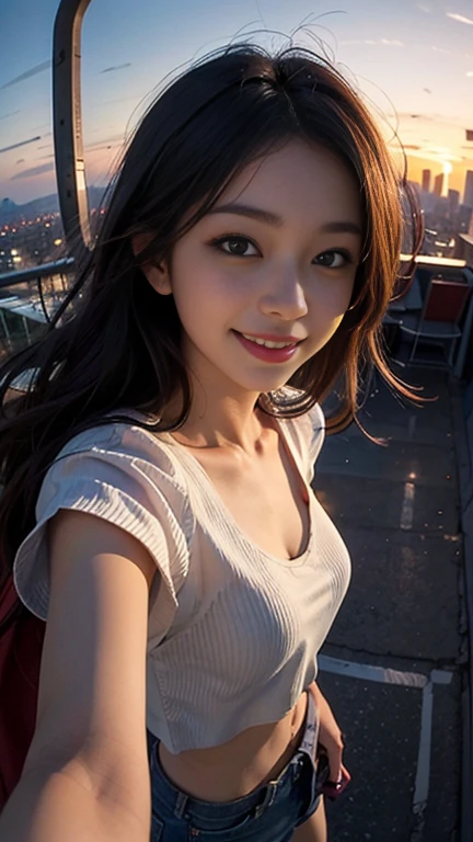 1 girl, Fisheye, Self snap, Wind, sunset, cityscape, 8K、Ultra-high image(realistic:1.4), (close portrait) RAW photo, 1 girl, 22 years ago,masterpiece, realistic pictures, japanese pictures, fuji negative film, saturation, contrast, Pocari Sweat Advertisement ((small breasts)),((toothy smile)),long hair,brown hair,