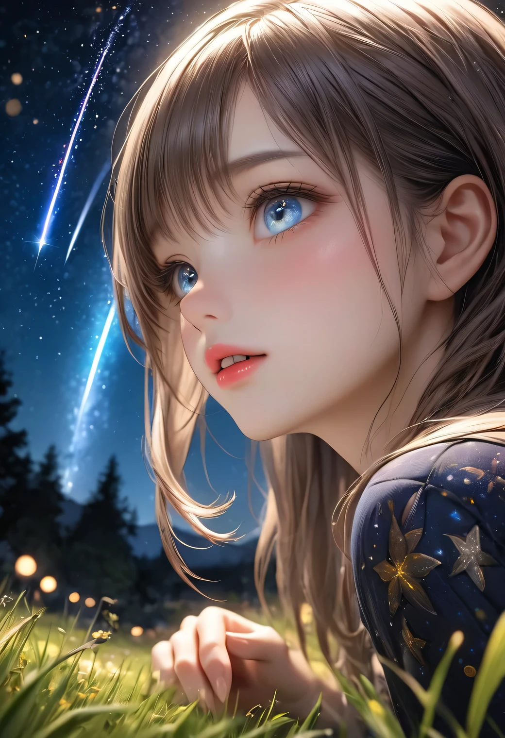 1girl, sitting in meadow, wariza, beautiful detailed eyes, beautiful detailed lips, extremely detailed eyes and face, long eyelashes, cute girl, night sky, looking up at shooting star, head-up, having fun, meadow, starry night sky, from below, best quality, 4k, 8k, highres, masterpiece:1.2, ultra-detailed, realistic, photorealistic, photo-realistic:1.37, HDR, UHD, studio lighting, ultra-fine painting, sharp focus, physically-based rendering, extreme detail description, professional, vivid colors, bokeh, landscape, fantasy, magical, glowing, from side below ground level shot,