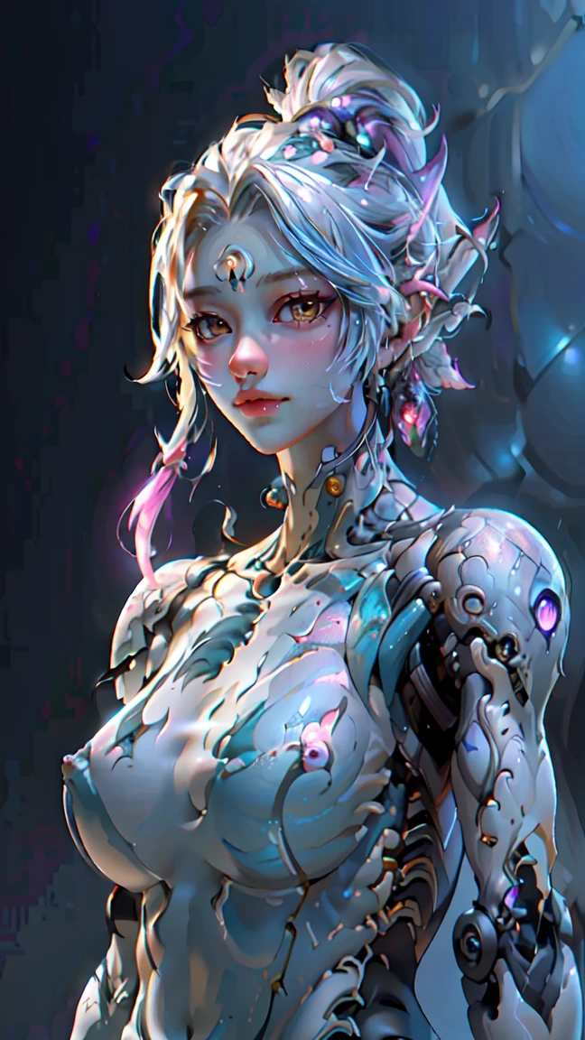 POV, cyborg, , Naked upper body, biomechanical, glowing scales, ethereal background, mystical atmosphere, colorfu, intricate patterns, atmosphere, ultra high res, (photorealistic:1.4), raw photo,16K,dramatic lighting,
