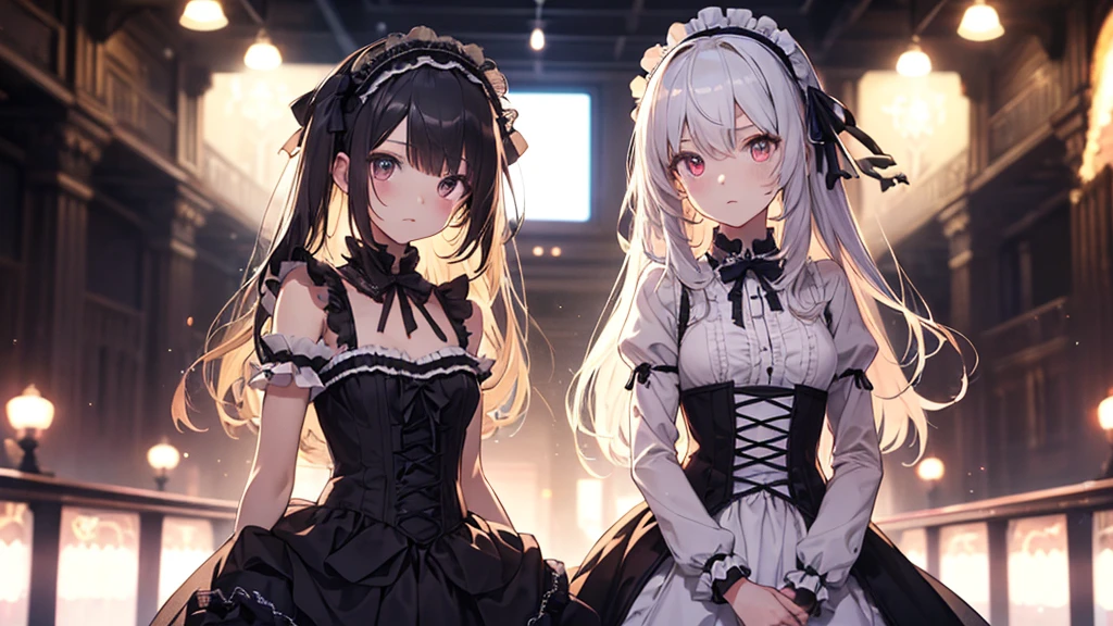 Striped Hair, Messy Hair, Big Hair, ((Expressive hair)), Hairband, Cinema Lighting, Bust Chart, First Person View, Ultra-high resolution, (((masterpiece, Textured skin))), (Super Detail), Attention to detail, high quality, ((最high quality)), 16K, Gothic Lolitames, Upturned eyes, pretty girl, Ruffled dress