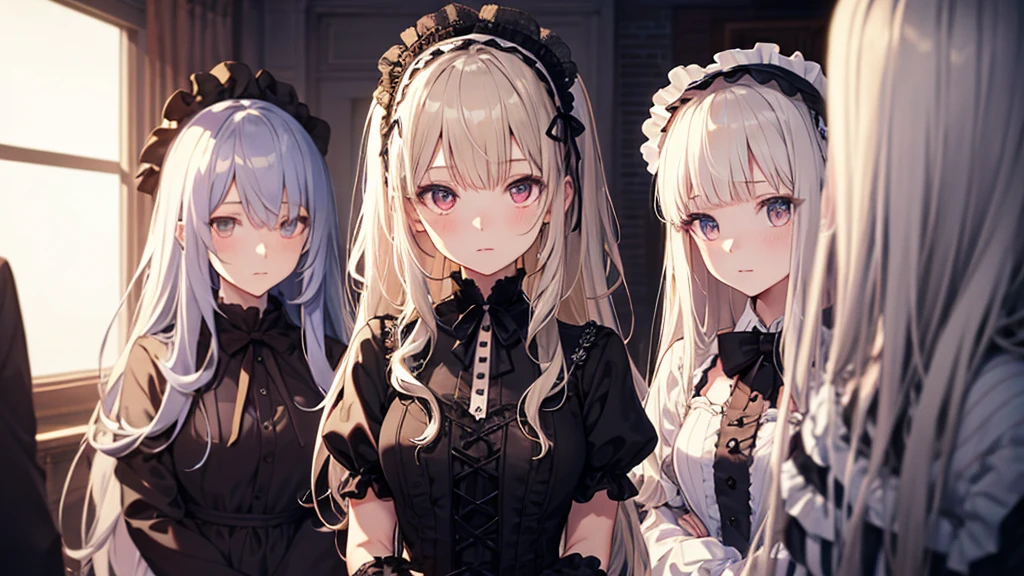 Striped Hair, Messy Hair, Big Hair, ((Expressive hair)), ta Hairband, Cinema Lighting, Bust Chart, First Person View, Ultra-high resolution, (((masterpiece, Textured skin))), (Super Detail), Attention to detail, high quality, ((最high quality)), 16K, Gothic Loliostumes, Upturned eyes, pretty girl, Ruffled dress