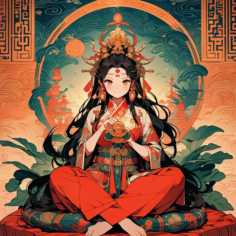 an ancient Chinese goddess, guanyin of the southern seas, Guanyin, Inspired by India, Avalokiteshvara rides an elephant,,Serene expression,shui mo hua,Buddha,Buddhist,Lotus,Chinese painting style,Thangka style, red clothes