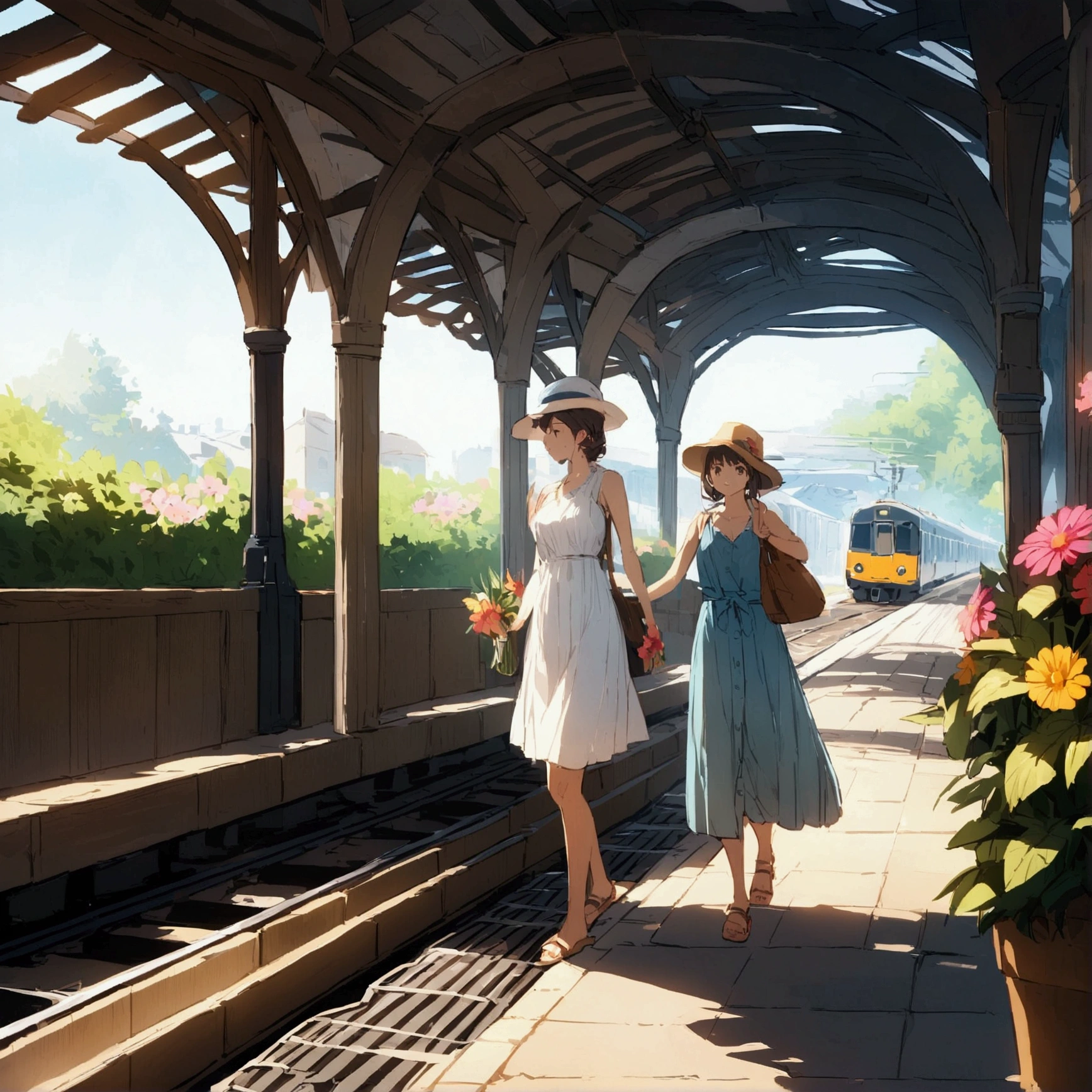 train flower station woman summer