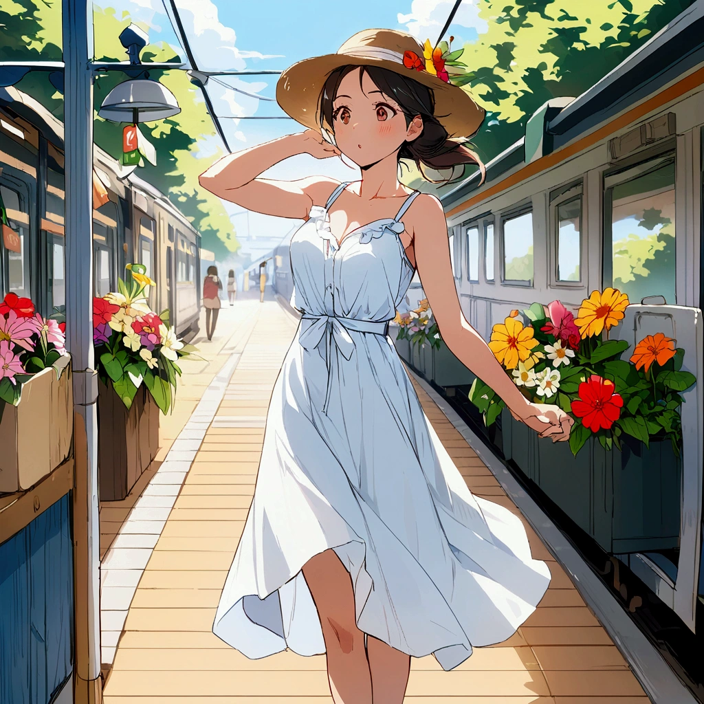 train　flower　station　woman　summer