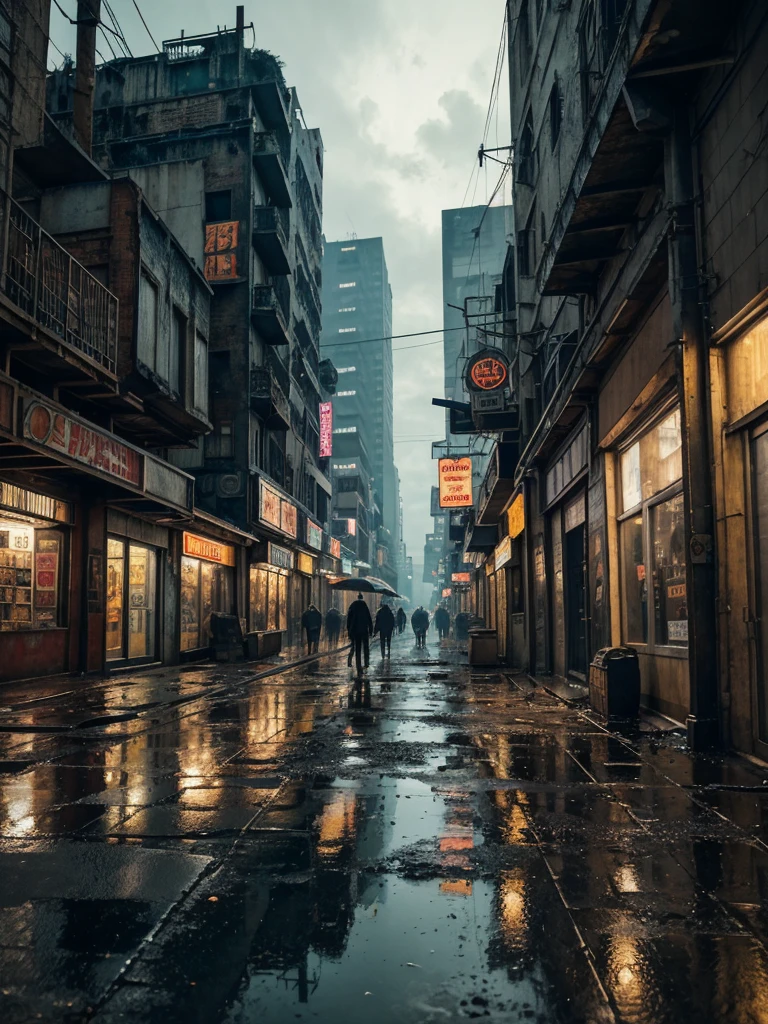 A highly detailed and realistic image of a cyberpunk-inspired environment where a lone figure stands at the edge of a worn platform, gazing at a sprawling, futuristic street in an older, gritty neighborhood. The scene is set in a dimly lit urban space, with weathered buildings that have a retro-futuristic design—modern yet not overly advanced, reflecting a sense of history. Cables dangle haphazardly from the walls, and puddles of rainwater collect on the uneven pavement, creating a reflective sheen. The ground is littered with debris, giving a sense of neglect and realism. Shops with flickering signs line the street, and a couple of dilapidated cars are parked nearby, hinting at a life once bustling. Neon lights glow softly, providing a moody atmosphere without overwhelming the scene. The environment feels alive yet abandoned, evoking a sense of exploration and nostalgia in this high-tech, dystopian world.