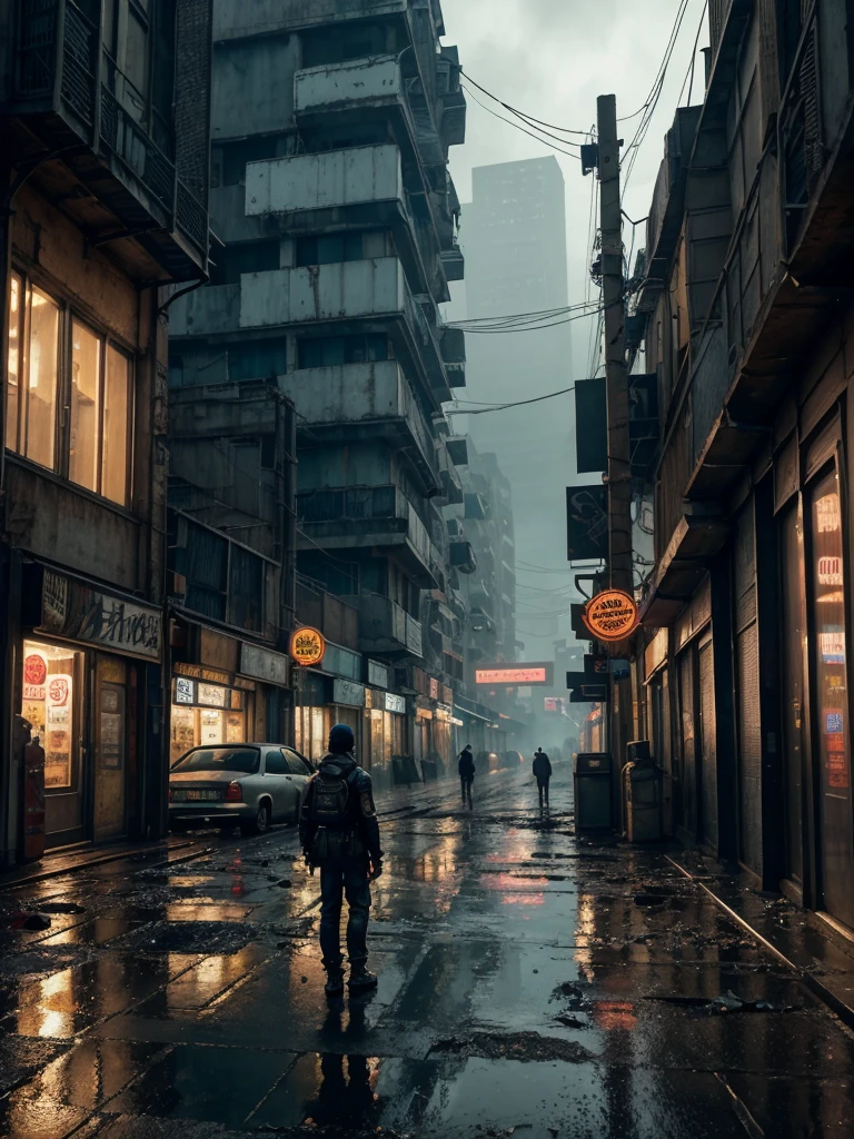 A highly detailed and realistic image of a cyberpunk-inspired environment where a lone figure stands at the edge of a worn platform, gazing at a sprawling, futuristic street in an older, gritty neighborhood. The scene is set in a dimly lit urban space, with weathered buildings that have a retro-futuristic design—modern yet not overly advanced, reflecting a sense of history. Cables dangle haphazardly from the walls, and puddles of rainwater collect on the uneven pavement, creating a reflective sheen. The ground is littered with debris, giving a sense of neglect and realism. Shops with flickering signs line the street, and a couple of dilapidated cars are parked nearby, hinting at a life once bustling. Neon lights glow softly, providing a moody atmosphere without overwhelming the scene. The environment feels alive yet abandoned, evoking a sense of exploration and nostalgia in this high-tech, dystopian world.