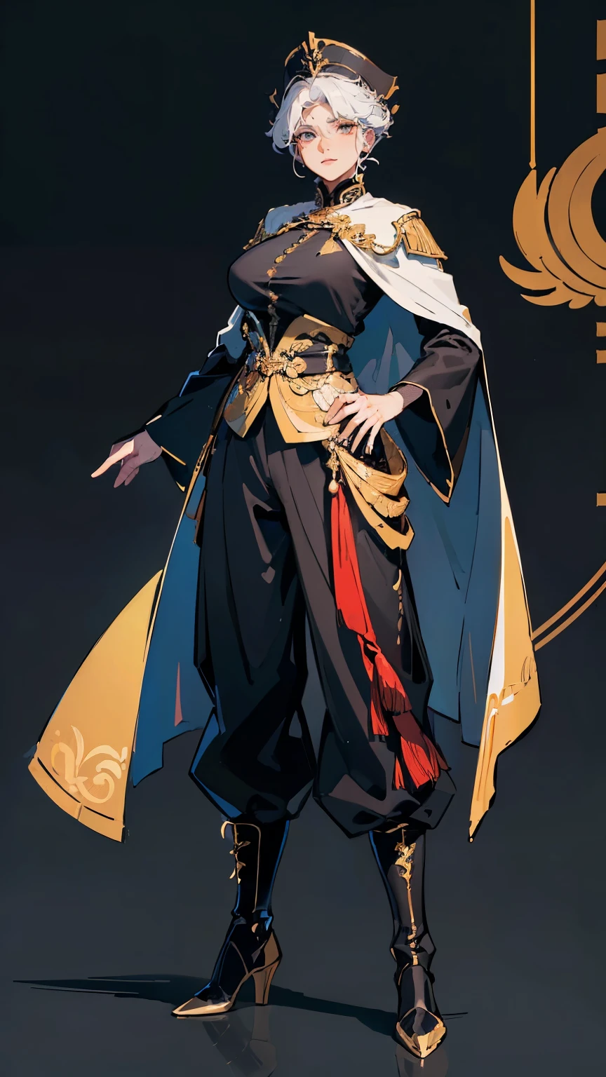 ((masterpiece,best quality,8k,highres)),((character concept art)), 1 female, old lady, Marshal, general, 175cm height, short curly hair,(white hair colour), ultra finely detailed eyes,(gold eyes colour)(bright), extraordinary charming, confident smile, shapely breasts, perfect body shape ((muscular)), ((intricate detail)), super finely detailed hands, ultra finely detailed fingers(((ten fingers))), (fullair force general suit),(full black colour outfit), (draped huge general cloak), (black army long pants), black army boots, (standing still), (full body showcase), (show full body), (no logos on background), (no logo), ((plain background)), (((empty hands))), ((plain background)), (((empty background)))