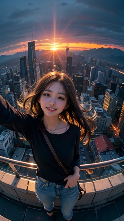 One girl, Korean, Fisheye Lens, Selfie, Wind, Messy Hair, sunset, Cityscape, (Aesthetics and atmosphere:1.2),smile