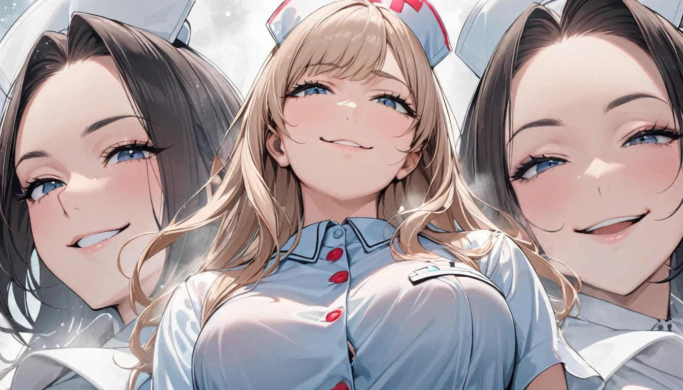 From below, Portraiture, Kind and beautiful nurse, Cool face, A shy smile, Superb proportions, She is wearing a loose cardigan over her nurse uniform., Glitter effect, fog effect、smug face、Cowboy Shot