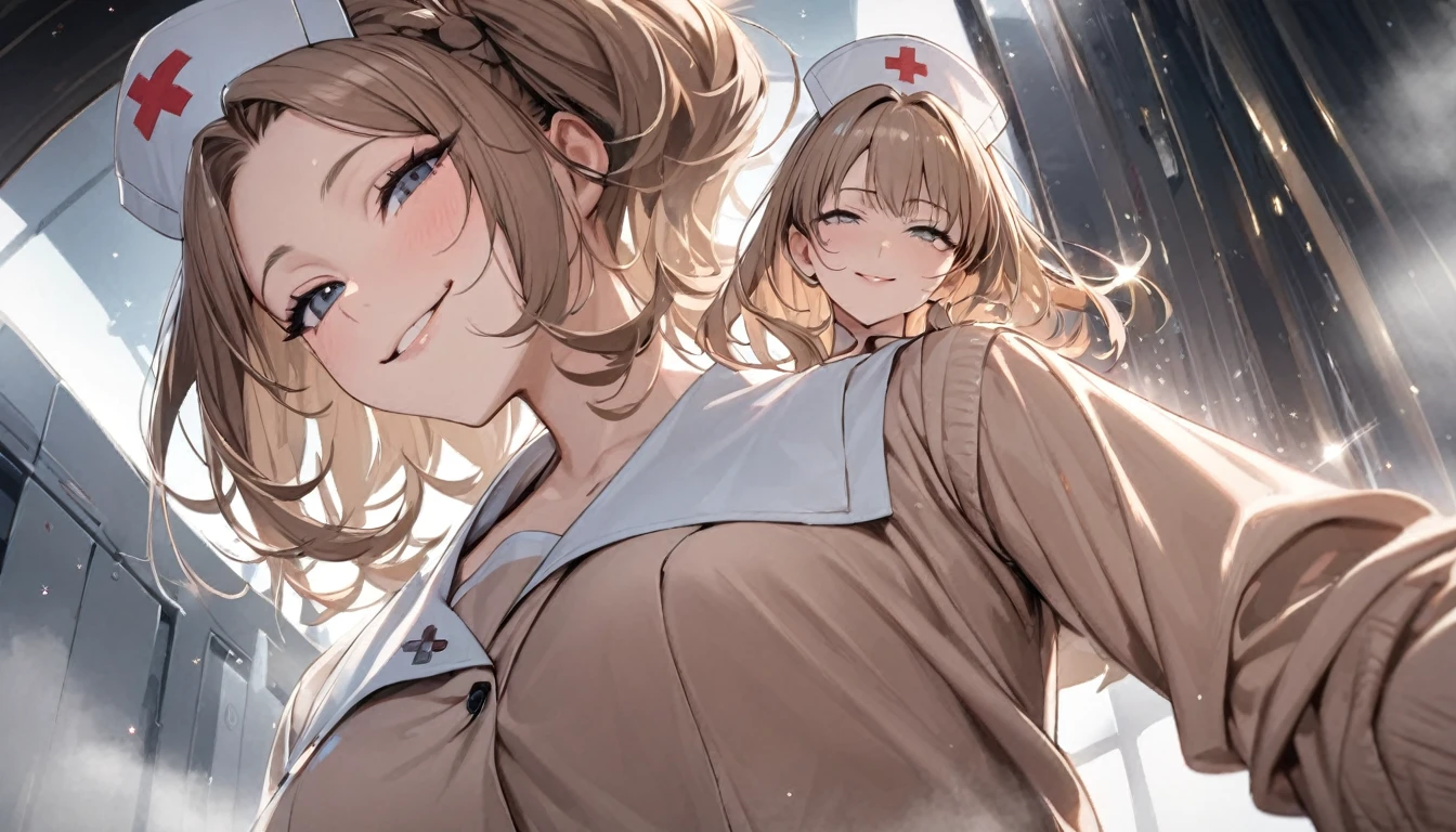 From below, Portraiture, Kind and beautiful nurse, Cool face, A shy smile, Superb proportions, She is wearing a loose cardigan over her nurse uniform., Glitter effect, fog effect、smug face、Cowboy Shot