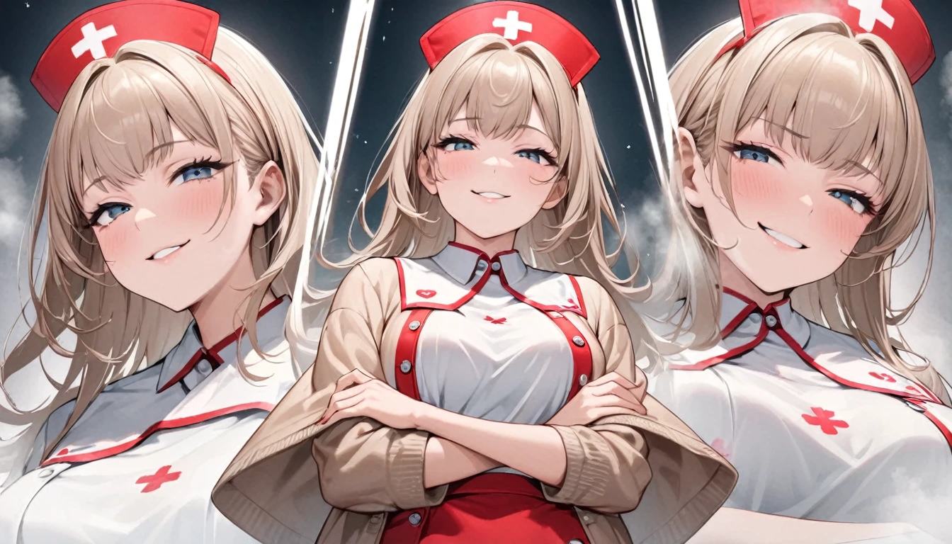 From below, Portraiture, Kind and beautiful nurse, Cool face, A shy smile, Superb proportions, She is wearing a loose cardigan over her nurse uniform., Glitter effect, fog effect、smug face、Cowboy Shot
