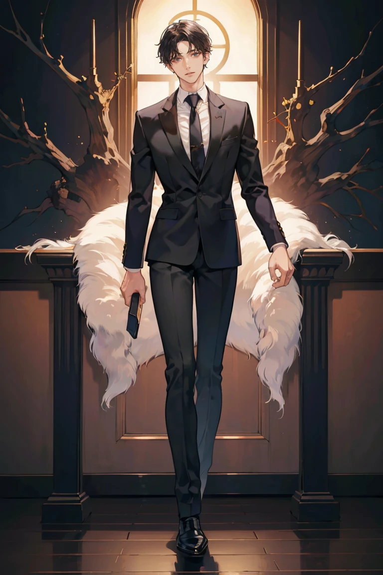 (masterpiece), best quality, seductive eyes, perfect face, handsome man, red eyes, short messy black hair, long nose, business suit, black necktie, black fitted pants, full body, extremely tall man, long legs, long calves, anime cover, 1boy, ear piercings, hands in pockets, adult-like look, big bike
