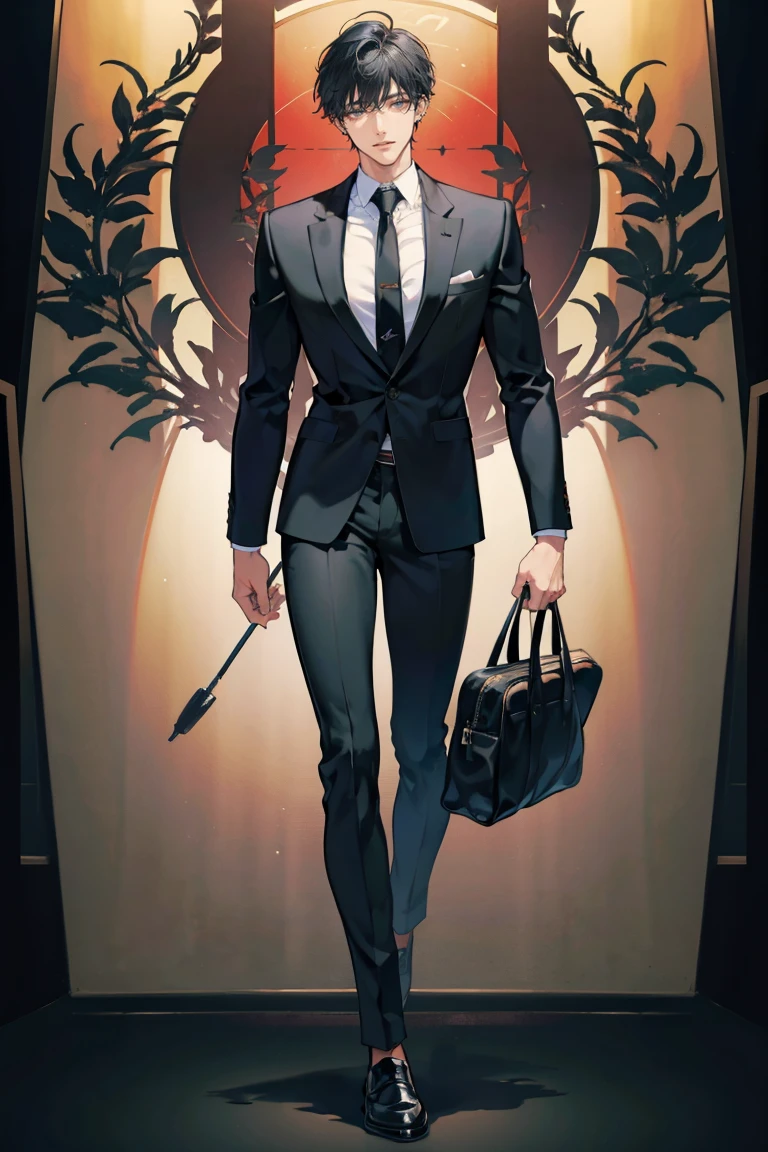 (masterpiece), best quality, seductive eyes, perfect face, handsome man, dark black eyes, messy short length black hair, brown skin, long nose, teacher uniform, black necktie, full body, he's a teacher, extremely tall man, long legs, long calves, anime cover, 1boy, ear piercings, adult-like look, standing, manhwa character, male teacher, school background
