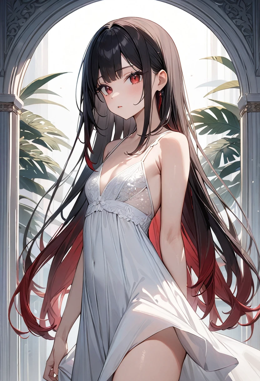 (masterpiece, top quality, very aesthetic, 4k、illustration), intricate detail, 1woman,、solo,contrapposto 、,(cowboy shot)、(),beautiful face、from side、clear face、straight hair、red to black gradient hair、,middle hair,sidelock ,red　eyes、white Summer Dresses、small breasts、Slim 、