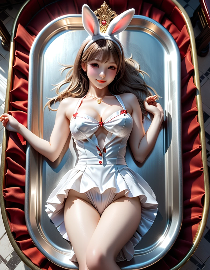A top-down shot of a bunny girl lying on a large silver tray:1.6、Lift your thighs and spread your legs wide、Detailed thighs、Detailed crotch、Casino Background、 (Highest quality、4K、8k、High Resolution、masterpiece:1.2)、Super detailed、(Real、Photorealistic、Photorealistic:1.37)、Detailed eyes、Detailed face、gorgeous、elegant、Impression