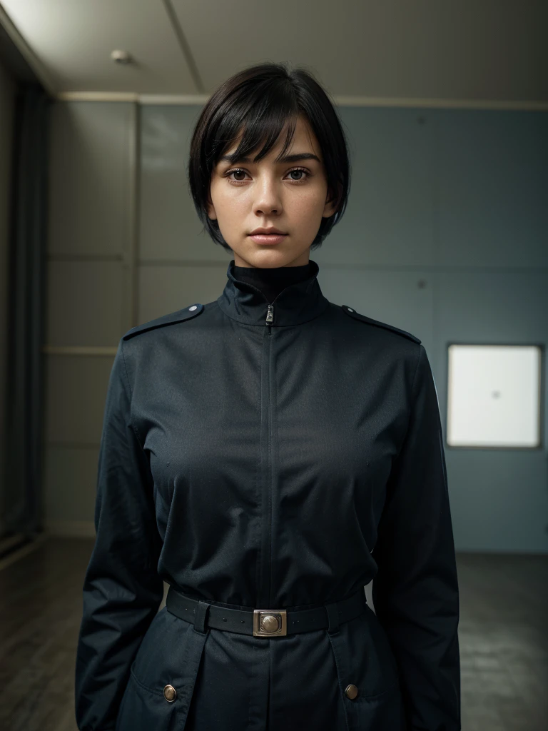 (highest resolution, distinct_image) Best quality, single person, one woman, solo, masterpiece, highly detailed, semi realistic, black short hair, black hair, bangs, 18 years old, mature, light blue military uniform, military uniform, indoor background, gentle, authoritative, powerful, exquisite facial features, exquisite facial features