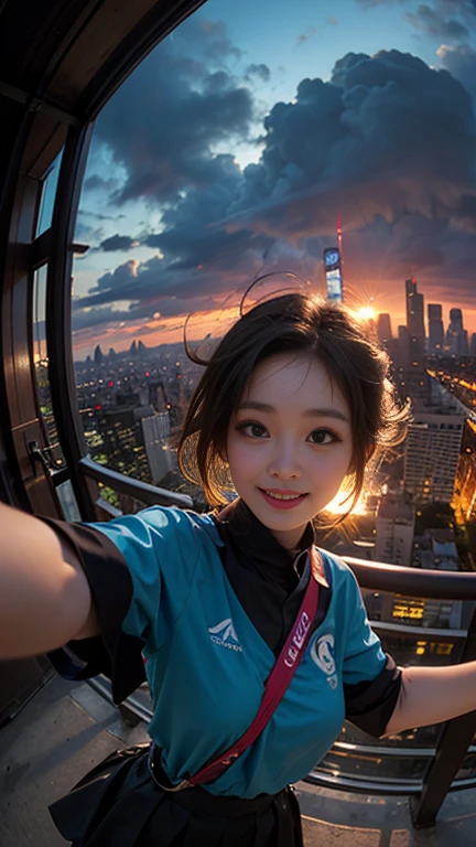 One girl, Korean, Fisheye Lens, Selfie, Wind, Messy Hair, sunset, Cityscape, (Aesthetics and atmosphere:1.2),smile