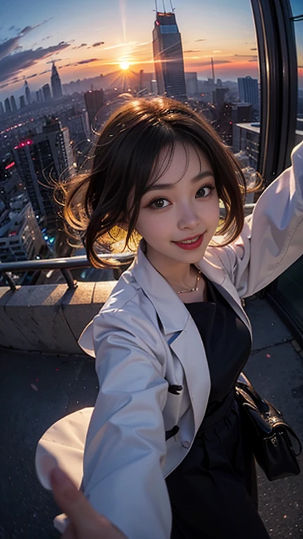 One girl, Korean, Fisheye Lens, Selfie, Wind, Messy Hair, sunset, Cityscape, (Aesthetics and atmosphere:1.2),smile