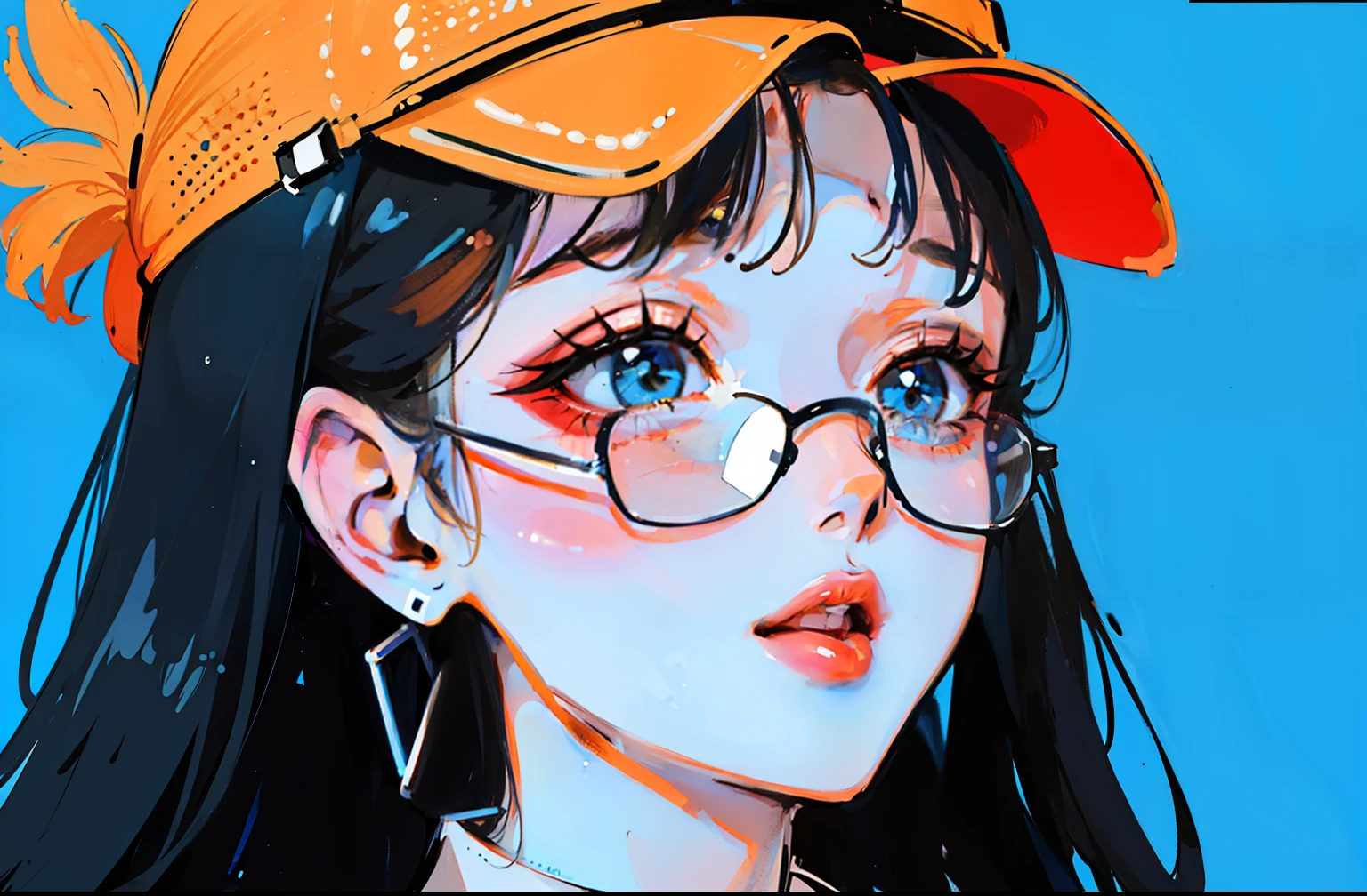 (portraits:1.4), (Masterpiece artwork:1.2, best qualityer:1.2), From  above, upperbody, 1girl, look up to, facefocus, extreme detailed face, extremely detailed  eyes, goodlooking, make-up, finger on lips, sun glasses, moda wear, aretes, ayes blue, blue background,