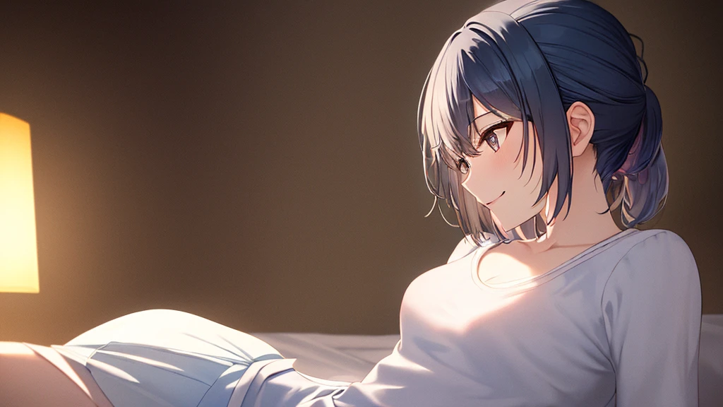 masterpiece, Highest quality, (Very detailed CG ユニティ 8k 壁紙, masterpiece, Highest quality, Very detailed, Best Shadow), (Detailed Background), (Beautifully detailed face, Beautiful attention to detail), High Contrast, (Best lighting, Very delicate and beautiful), ((Cinematic Light)), colorful, Hyper Detail, Dramatic Light, Intricate details, One girl, cute, smile, White shirt, skirt,Dark blue hair, short hair, ponytail, Bedroom, night