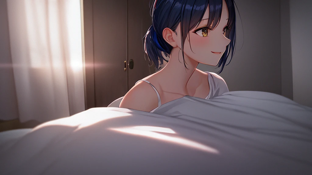 masterpiece, Highest quality, (Very detailed CG ユニティ 8k 壁紙, masterpiece, Highest quality, Very detailed, Best Shadow), (Detailed Background), (Beautifully detailed face, Beautiful attention to detail), High Contrast, (Best lighting, Very delicate and beautiful), ((Cinematic Light)), colorful, Hyper Detail, Dramatic Light, Intricate details, One girl, cute, smile, White shirt, skirt,Dark blue hair, short hair, ponytail, Bedroom, night