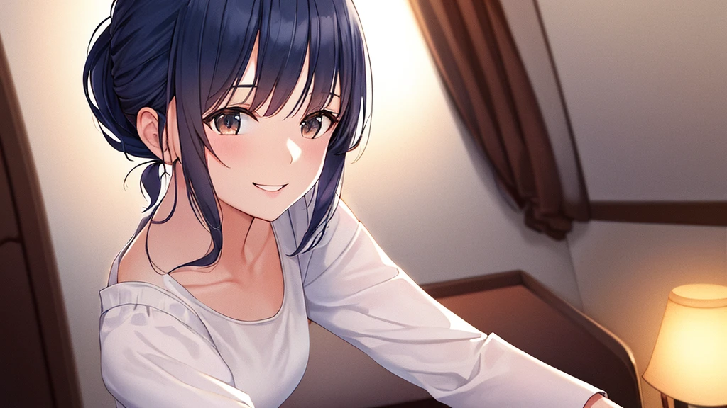 masterpiece, Highest quality, (Very detailed CG ユニティ 8k 壁紙, masterpiece, Highest quality, Very detailed, Best Shadow), (Detailed Background), (Beautifully detailed face, Beautiful attention to detail), High Contrast, (Best lighting, Very delicate and beautiful), ((Cinematic Light)), colorful, Hyper Detail, Dramatic Light, Intricate details, One girl, cute, smile, White shirt, skirt,Dark blue hair, short hair, ponytail, Bedroom, night