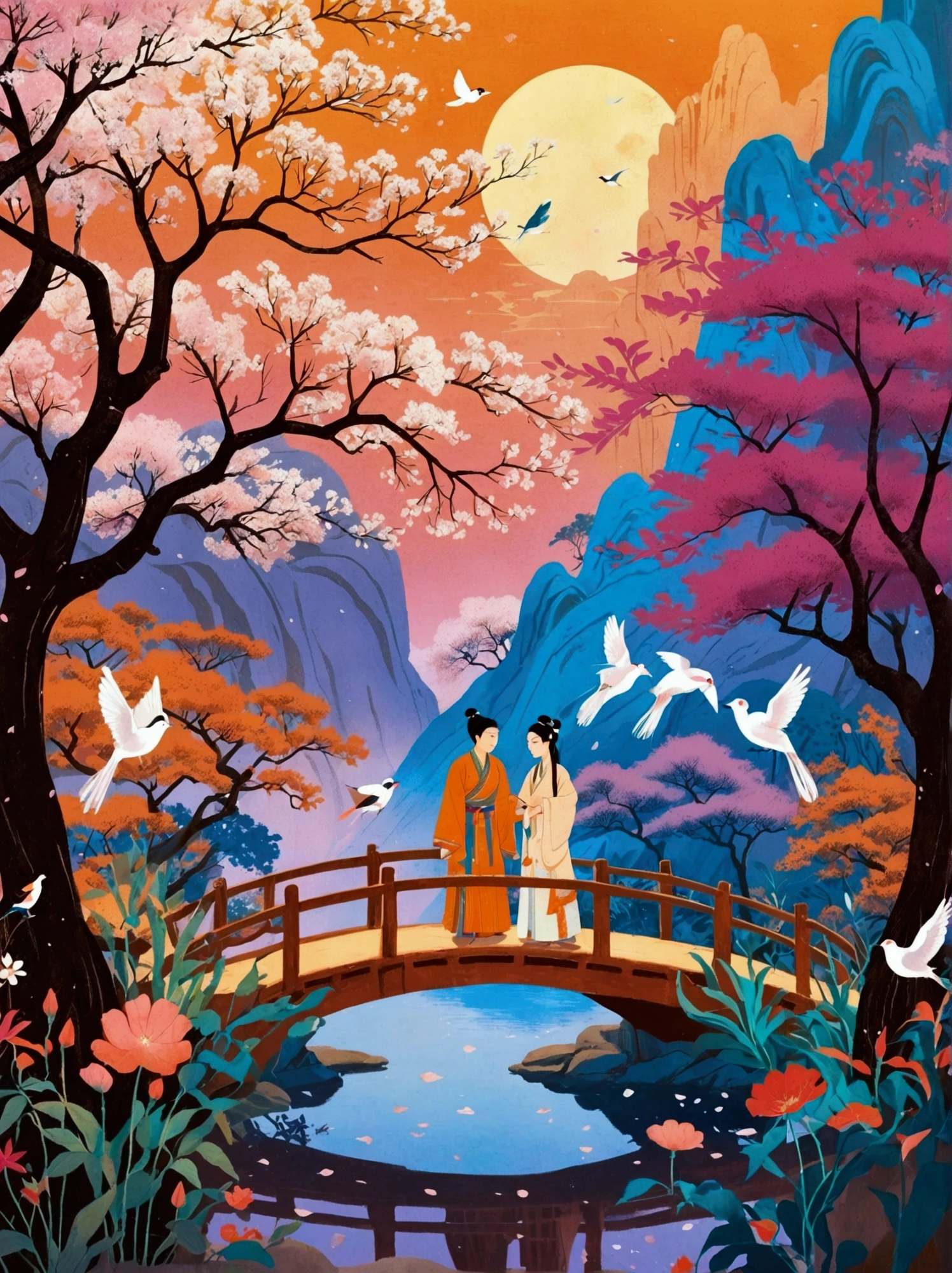 (((8k，Bright colors，Bright，Ultra high saturation，RGB color))), China，There are two people on the poster，Cowherd and Weaver Girl standing on an elegant bridge，The background is dreamy pink and purple。White magpies circling around them in the night sky。Surrounded by stars，Create a dreamy atmosphere。It is created in the style of Hayao Miyazaki&#39;s anime。In the foreground，There are some flowers in front。High Definition，High Detail，Dunhuang mural style，Dunhuang bright colors，Dunhuang Elements，Flat illustration