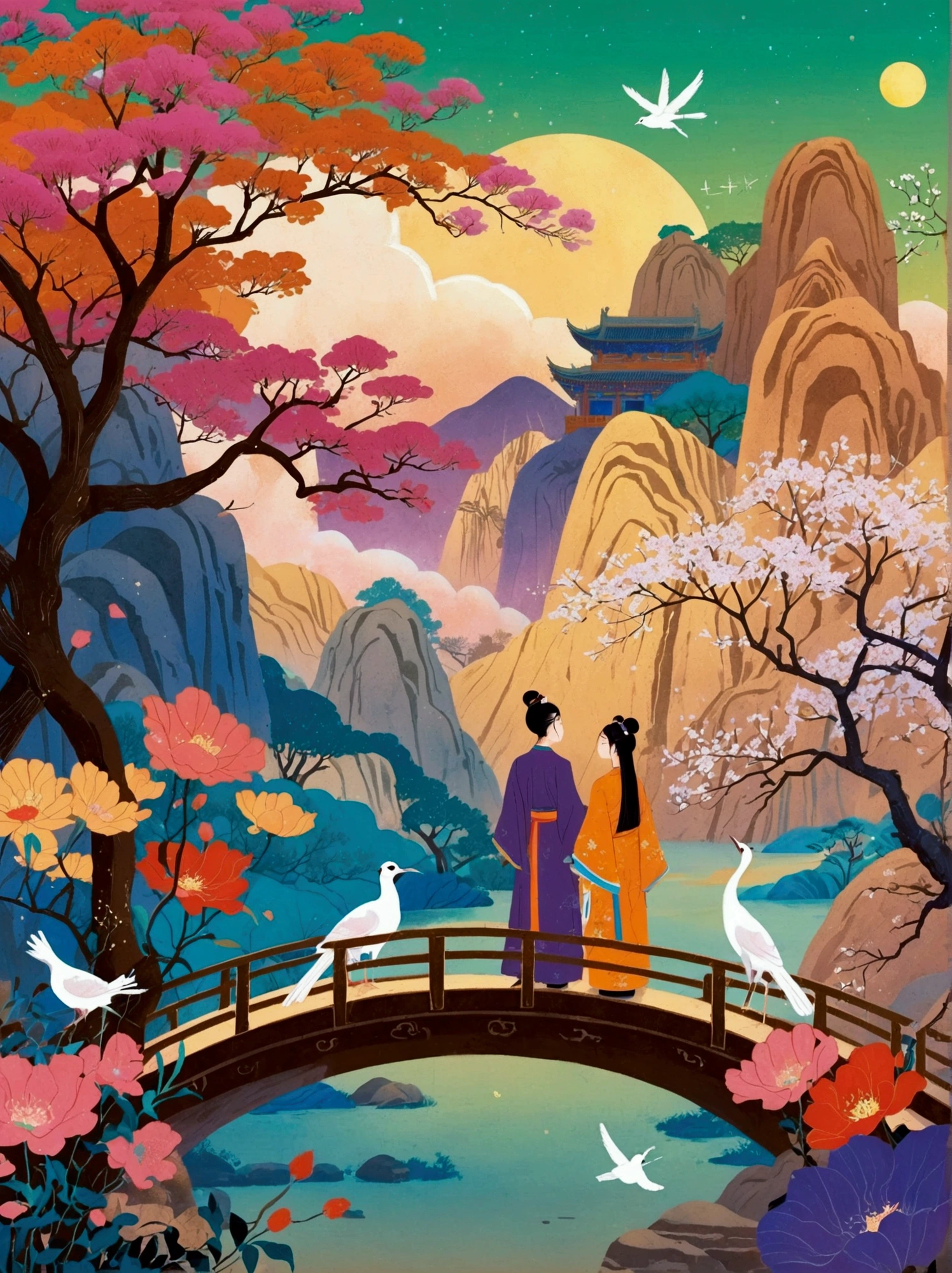 (((8k，Bright colors，Bright，Ultra high saturation，RGB color))), China，There are two people on the poster，Cowherd and Weaver Girl standing on an elegant bridge，The background is dreamy pink and purple。White magpies circling around them in the night sky。Surrounded by stars，Create a dreamy atmosphere。It is created in the style of Hayao Miyazaki&#39;s anime。In the foreground，There are some flowers in front。High Definition，High Detail，Dunhuang mural style，Dunhuang bright colors，Dunhuang Elements，Flat illustration