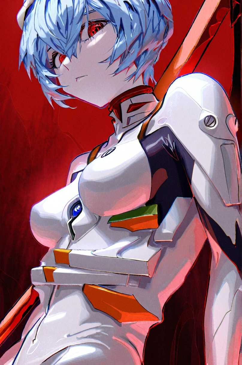 by roitz, ayanami rei, 1girl, solo, plugsuit, red eyes, blue hair, short hair, red background, white bodysuit, holding, looking at viewer, bodysuit, upper body, breasts, hair between eyes, bangs, holding weapon, closed mouth