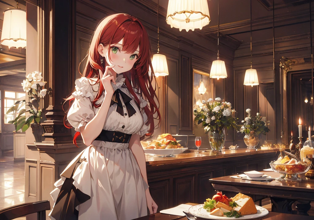 Realistic photos, Focus distance 10mm, Red and white, Beautiful girl, Realistic photos, Shooting at focus distance 10mm, masterpiece, 最high quality, high quality, Very detailed CG 8k wallpaper unit, Award-winning photography, Depth of written boundary, High resolution, bloom, chromatic aberration, Realistic, Very detailed, Art Station Trends, CGsociety Trends, Complex, High detail, dramatic, Art on the go, volumetric lighting, Cheese Course A beautiful girl in an elegant dress is enjoying a plate of assorted cheeses. The background is the warm lighting and luxurious interior of a fine dining restaurant. The girl has medium-length red hair and soft green eyes