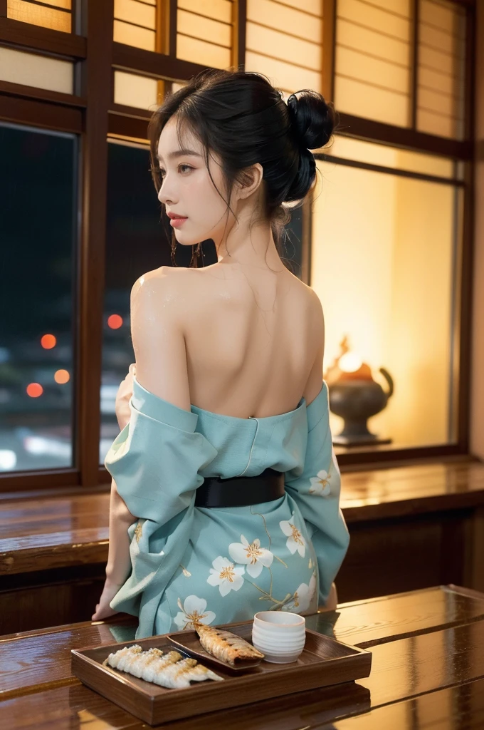 (((best quality))),(((ultra detailed))),(((masterpiece))),illustration,((1 beautiful Japannese girl,solo)),((slim,thin)),((shoulder off,strapless,bare back,towering hips,butt crack)),(in izakaya:1.3),(summer:1.2),(rainy:1.3),(indoor:1.2),(night scene:1.3),(wet:1.3),(cyan floral kimono:1.3),neat bun,porcelain skin,rouge,dimly lit,warm glow,ethereal,(standing beside the table:1.3),sake bottle,half-empty glass,tray,grilled fish,steamed vegetables,half-eaten,melancholic smile,storm,solitude,enigmatic aura,tranquility,chaos,simplicity,mysterious,captivating,((from back,upper body))